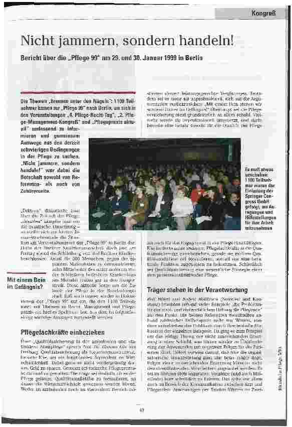 Vorschauseite 1: Nicht jammern, sondern handeln! Bericht über die Pflege 99 am 29. und 30. Januar 1999 in Berlin.