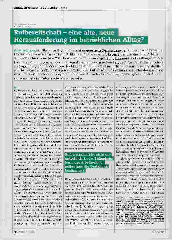 Vorschauseite 1: Rufbereitschaft eine alte, neue Herausforderung im betrieblichen Alltag?