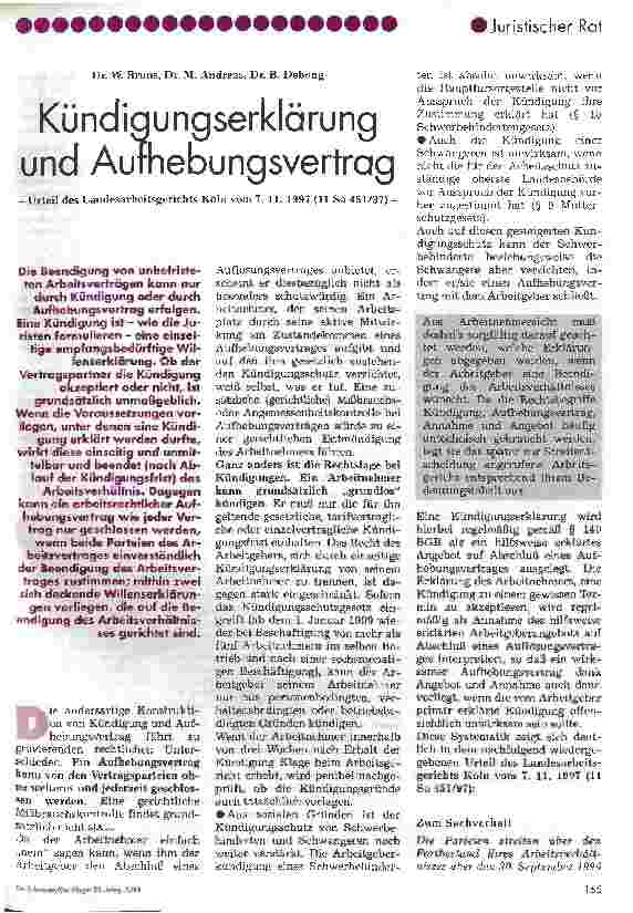 Vorschauseite 1: Kündigungserklärung und Aufhebungsvertrag Urteil des Landesarbeitsgerichtes Köln vom 7.11.97