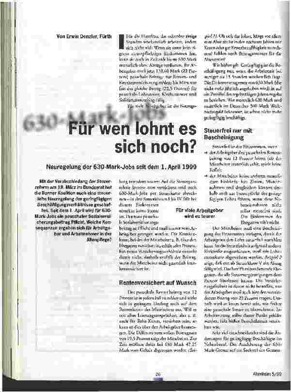 Vorschauseite 1: Für wen lohnt es sich noch? Neuregelung der 630-Mark-Jobs seit dem 1. April 1999