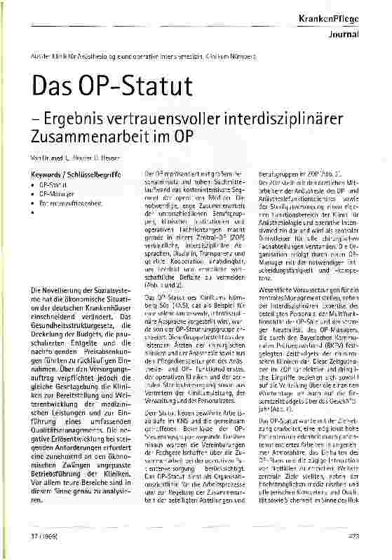 Vorschauseite 1: Das OP-Statut Ergebnis vertrauensvoller interdisziplinärer Zusammenarbeit im OP