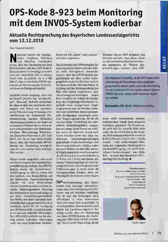Vorschauseite 1: OPS-Kode 8-923 beim Monitonng mit dem INVOS-System kodierbar