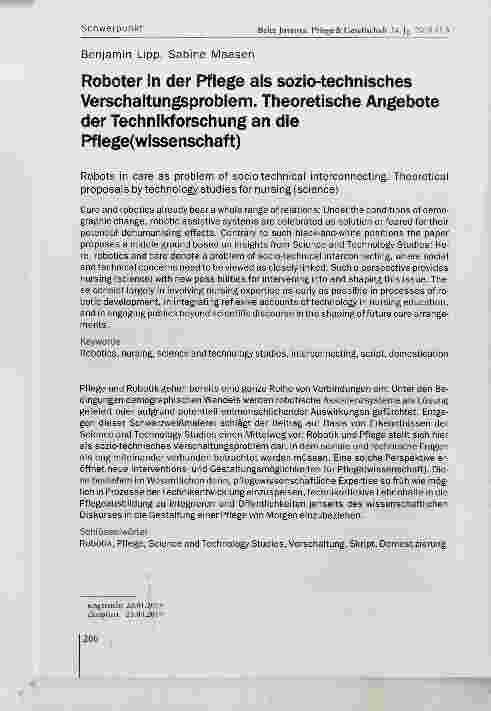 Vorschauseite 1: Roboter In der Pflege als sozio-technlsches Verschaltungsproblem. Theoretische Angebote der Technikforschung an die Pflege(wlssenschaft)