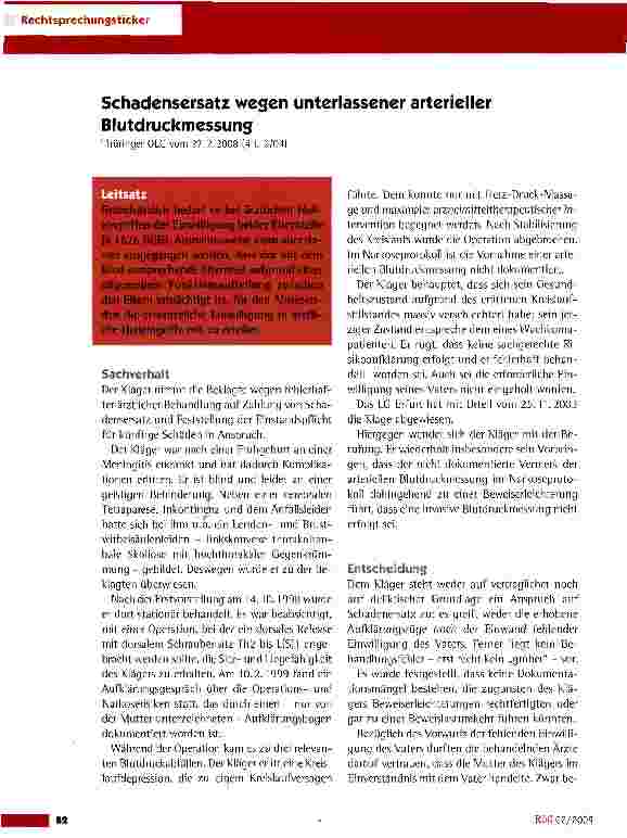 Vorschauseite 1: Schadensersatz wegen unterlassener arterieller Blutdruckmessung