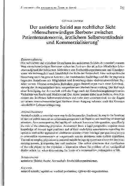 Vorschauseite 1: Der assistierte Suizid aus rechtlicher Sicht »Menschenwürdiges Sterben« zwischenPatientenautonomie, ärztlichem Selbstverständnis und Kommerzialisierung*