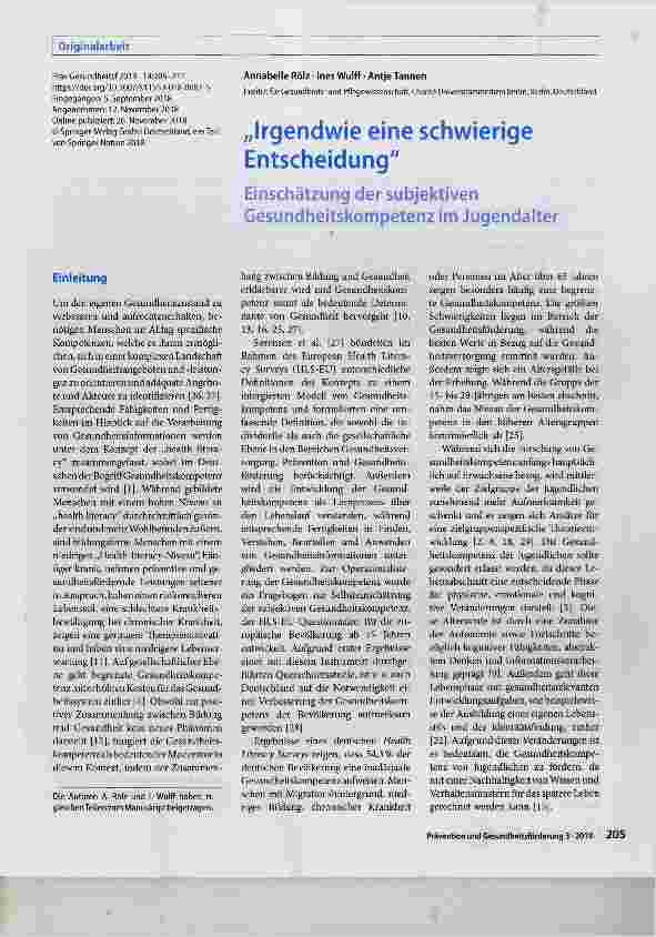 Vorschauseite 1: „Irgendwie eine schwierige Entscheidung Einschätzung der subjektiven Gesundheitskompetenz im Jugendalter