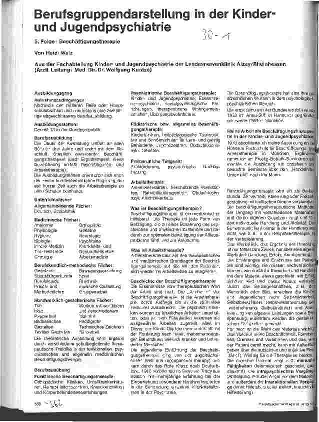 Vorschauseite 1: Berufsgruppendarstellung in der Kinderund Jugendpsychiatrie 5. Folge: Beschäftigungstherapie