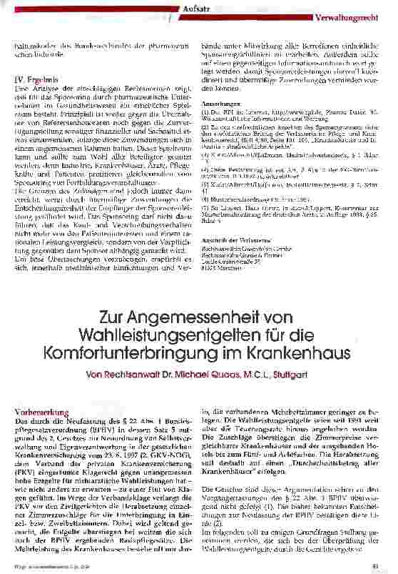Vorschauseite 1: Zur Angemessenheit von Wahlleistungsentgelten für die Komfortunterbringung im Krankenhaus
