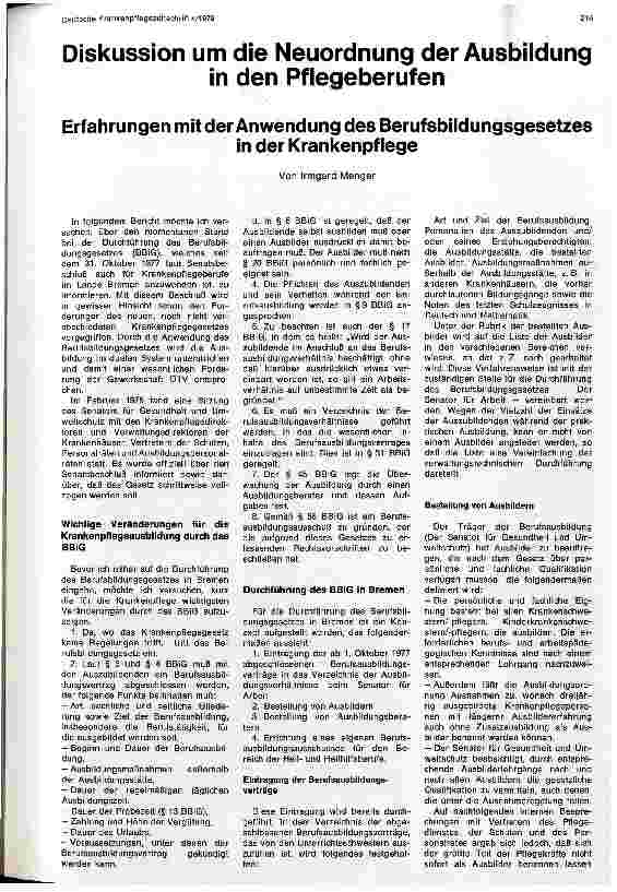 Vorschauseite 1: Diskussion um die Neuordnung der Ausbildung in den Pflegeberufen