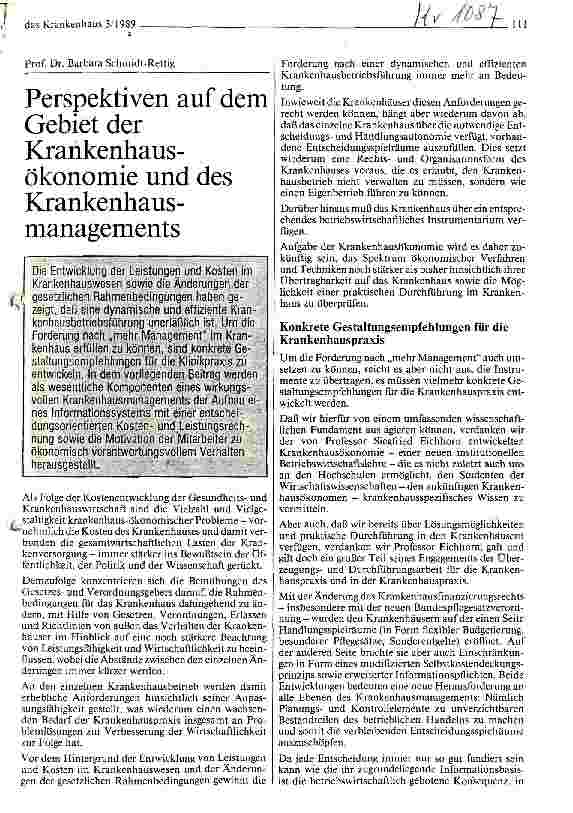 Vorschauseite 1: Perspektiven auf dem Gebiet der Krankenhausökonomie und des Krankenhausmanagement
