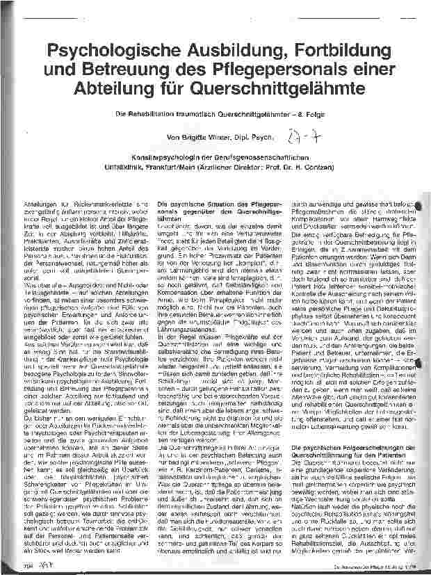 Vorschauseite 1: Psychologische Ausbildung, Fortbildung und Betreuung des Pflegepersonals einer Abteilung für Querschnittgelähmter