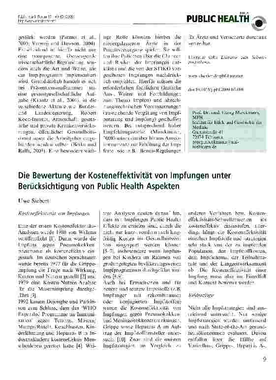 Vorschauseite 1: Die Bewertung der Kosteneffektivität von Impfungen unter Berücksichtigung von Public Health Aspekten