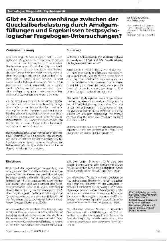 Vorschauseite 1: Gibt es Zusammenhänge zwischen der Quecksilberbelastung durch Amalgamfüllungen und Ergebnissen testpsychologischer Fragebogen-Untersuchungen?