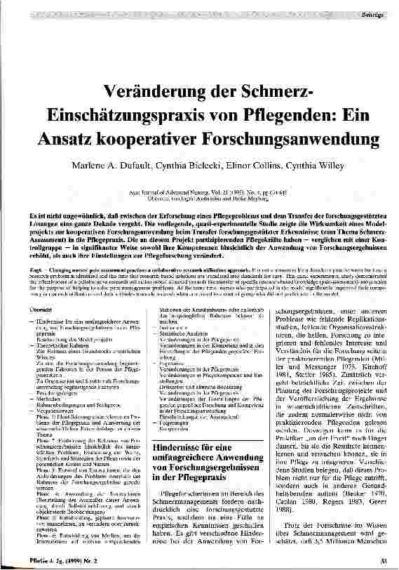 Vorschauseite 1: Veränderung der Schmerz-Einschätzungspraxis von Pflegenden: Ein Ansatz kooperativer Forschungsanwendung