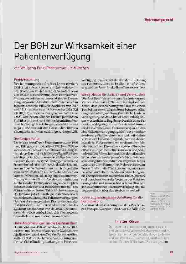 Vorschauseite 1: Der BGH zur Wirksamkeit einer Patientenverfügung