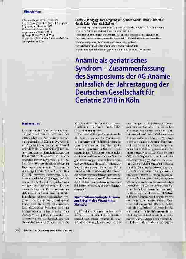 Vorschauseite 1: Anämie als geriatrisches Syndrom Zusammenfassung des Symposiums der AG Anämie anlässlich der Jahrestagung der Deutschen Gesellschaft für Geriatrie 2018 in Köln