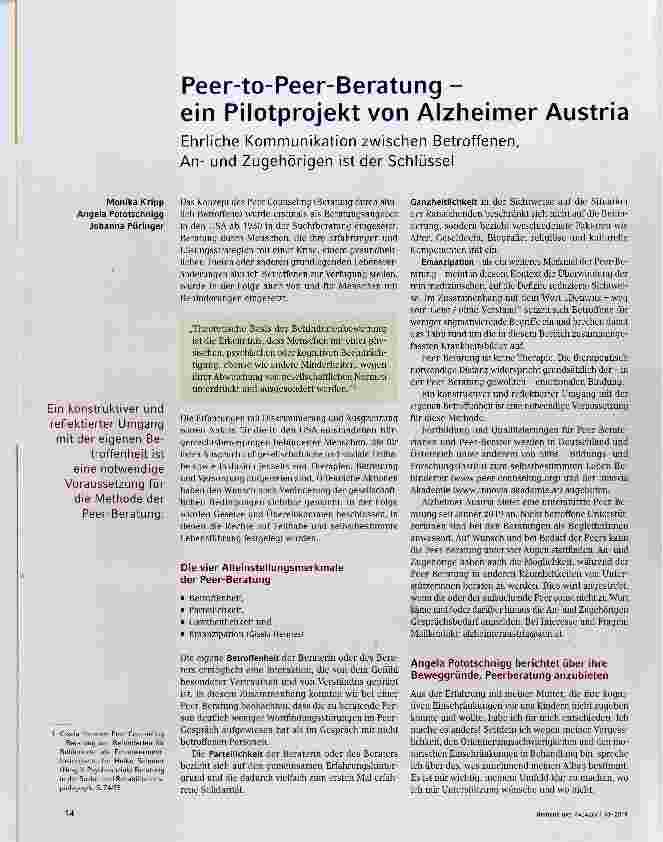 Vorschauseite 1: Peer-to-Peer-Beratung - ein Pilotprojekt von Alzheimer Austria