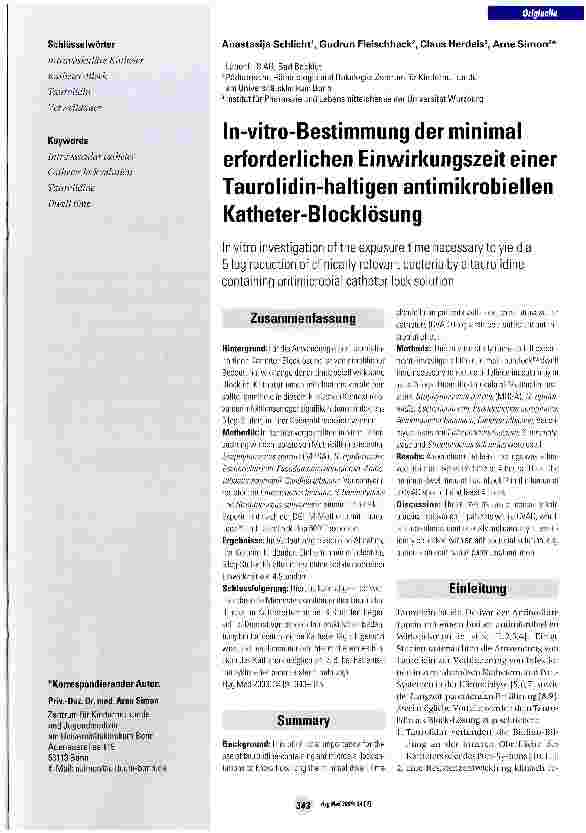 Vorschauseite 1: In-vitro-Bestimmung der minimal erforderlichen Einwirkungszeit einer Taurolidin-haltigen antimikrobiellen Katheter-Blocklösung