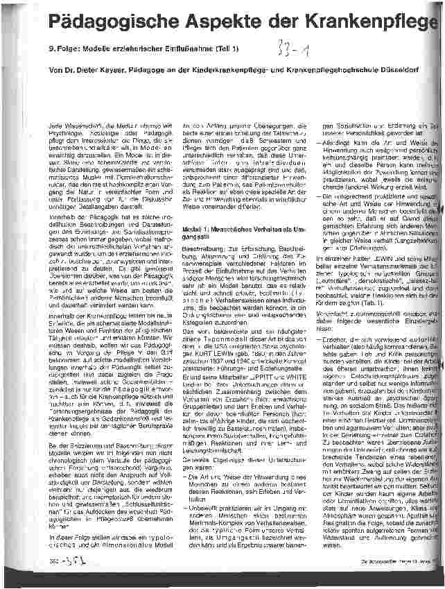 Vorschauseite 1: Pädagogische Aspekte der Krankenpflege 9. Folge: Modelle erzieherischer Einflußnahme (Teil1)
