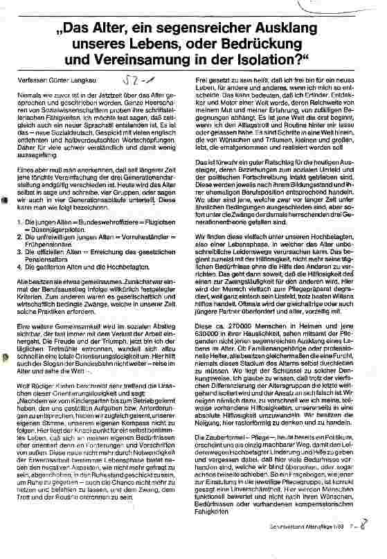 Vorschauseite 1: Das Alter, ein segensreicher Ausklang unseres Lebens, oder Bedrückung und Vereinsamung in der Isolation?