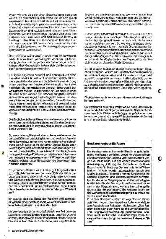 Vorschauseite 2: Das Alter, ein segensreicher Ausklang unseres Lebens, oder Bedrückung und Vereinsamung in der Isolation?