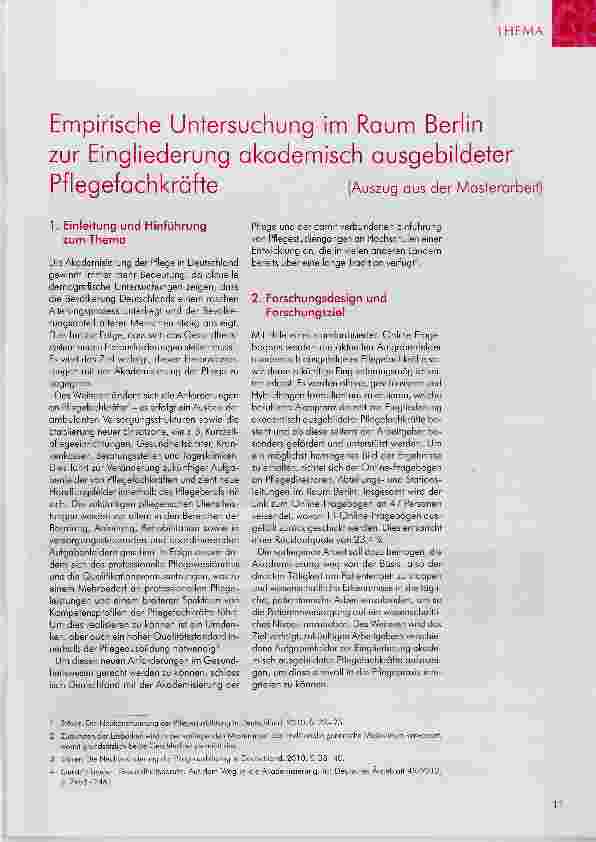 Vorschauseite 1: Empirische Untersuchung im Raum Berlin zur Eingliederung akademisch ausgebildeterPflegefachkräfte