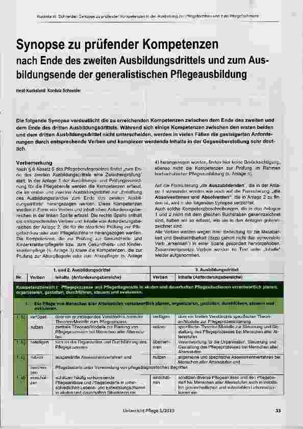 Vorschauseite 1: Synopse zu prüfender Kompetenzen nach Ende des zweiten Ausbildungsdrittels und zum Ausbildungsende der generalistischen Pflegeausbildung