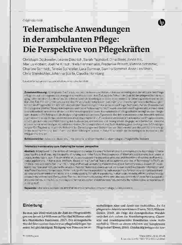 Vorschauseite 1: Telematische Anwendungen in der ambulanten Pflege: Die Perspektive von Pflegekräften