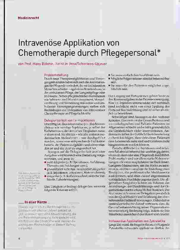 Vorschauseite 1: Intravenöse Applikation von Chemotherapie durch Pflegepersonal