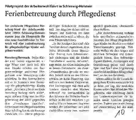 Vorschauseite 1: Pilotprojekt der Arbeiterwohlfahrt in Schleswig-HolsteinFerienbetreuung durch Pflegedienst
