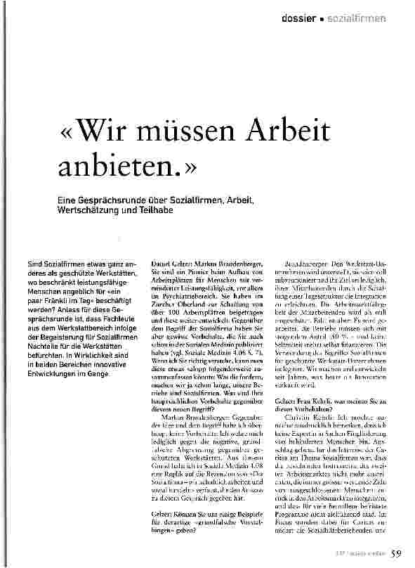 Vorschauseite 1: Wir müssen Arbeit anbietenEine Gesprächsrunde über Sozialfirmen, Arbeit, Wertschätzung und Teilhabe