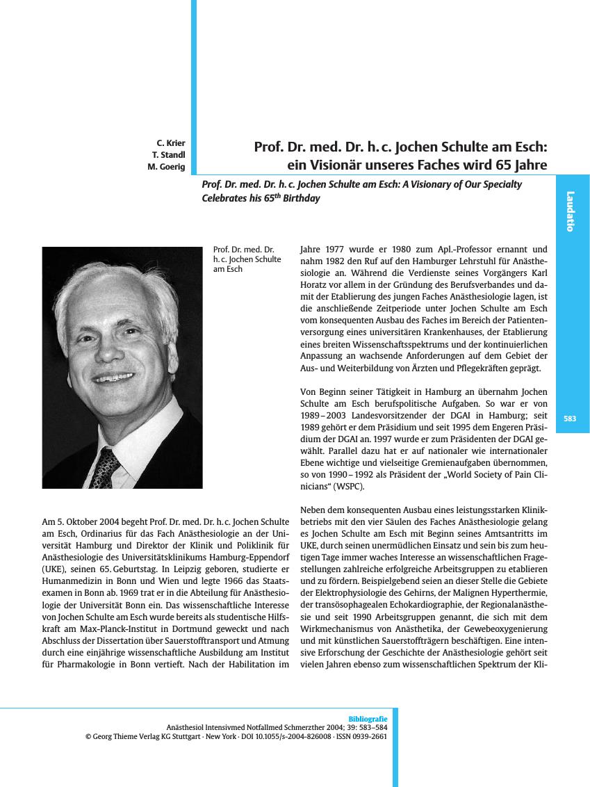 Vorschauseite 1: Prof. Dr. med. Dr. h. c. Jochen Schulte am Esch: ein Visionär unseres Faches wird 65 Jahre