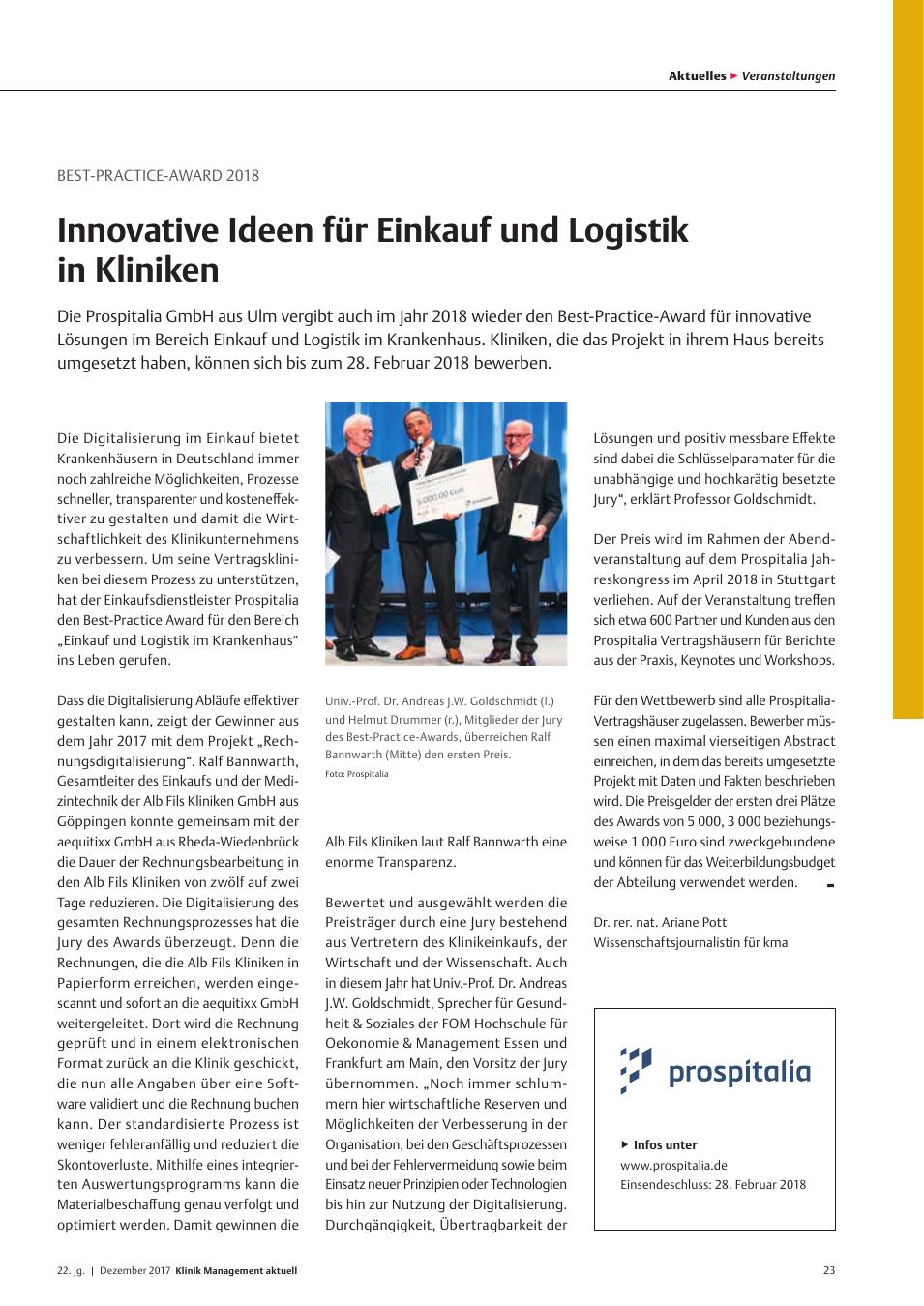 Vorschauseite 1: Best-Practice-Award 2018 - Innovative Ideen für Einkauf und Logistik in Kliniken