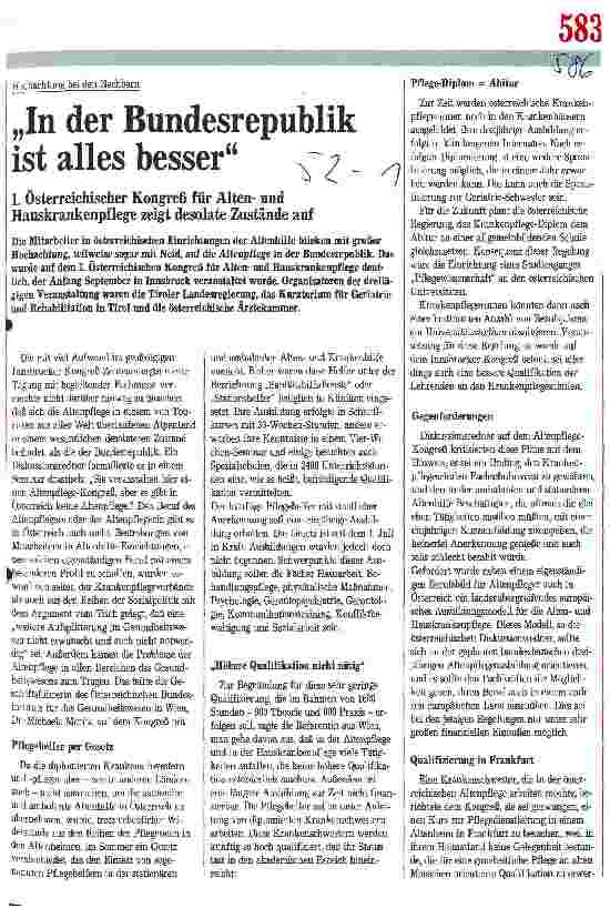 Vorschauseite 1: In der Bundesrepublik ist alles besser - 1. Österreichischer Kongreß für Altenund Hauskrankenpflege zeigt desolate Zustände auf