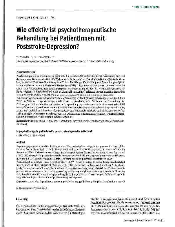 Vorschauseite 1: Wie effektiv ist psychotherapeutische Behandlung bei Patientinnen mit Poststroke-Depression?