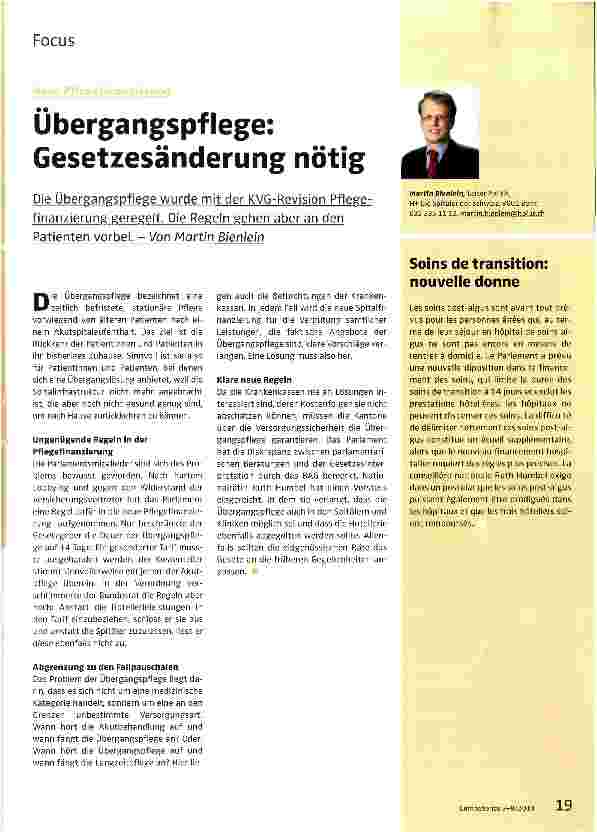 Vorschauseite 1: Ubergangspflege: Gesetzesänderung nötig