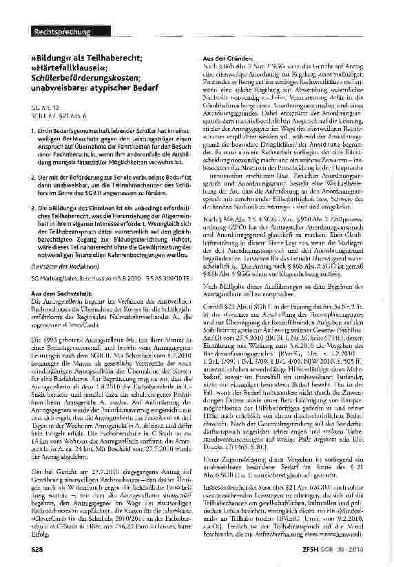Vorschauseite 1: »Bildung« als Teilhaberecht; »Härtefallklausel«; Schülerbeförderungskosten; unabweisbarer atypischer Bedarf