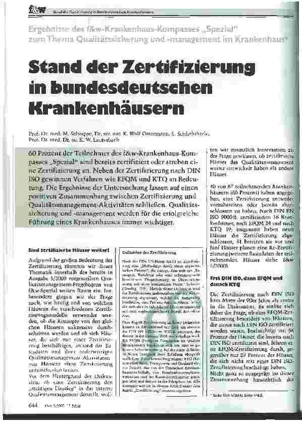 Vorschauseite 1: Stand der Zertifizierung in bundesdeutschen Krankenhäusern Ergebnisse des f&w-Krankenhaus-Kompasses Spezial zum Thema Qualitätssicherung und -management im Krankenhaus