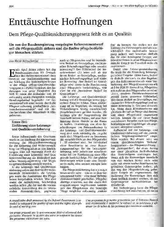 Vorschauseite 1: Enttäuschte Hoffnungen Dem Pflege-Qualitätssicherungsgesetz fehlt es an Qualität