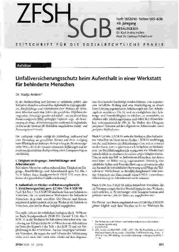 Vorschauseite 1: Unfallversicherungsschutz beim Aufenthalt in einer Werkstatt für behinderte Menschen