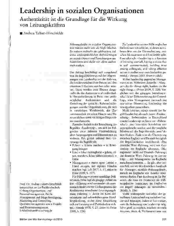 Vorschauseite 1: Leadership in sozialen Organisationen Authentizität ist die Grundlage für die Wirkung von Leitungskräften