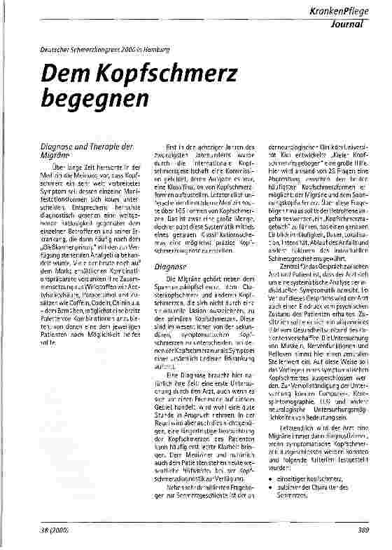 Vorschauseite 1: Dem Kopfschmerz begegnen Deutscher Schmerzkongress 2000 in Hamburg