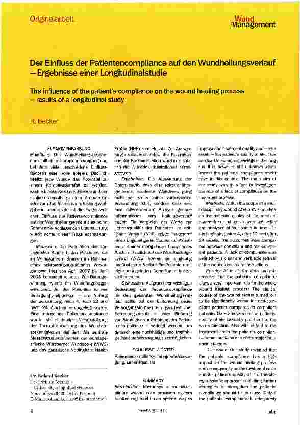 Vorschauseite 1: Der Einfluss der Patientencompliance auf den Wundheilungsverlauf -Ergebnisse einer Longitudinalstudie