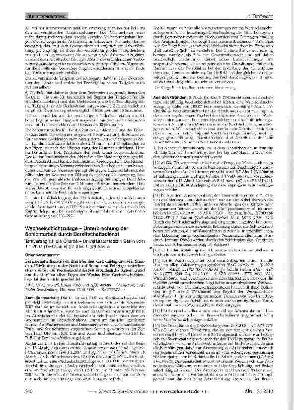 Vorschauseite 1: Wechselschichtzulage - Unterbrechung der Schichtarbeit durch Bereitschaftsdienst
