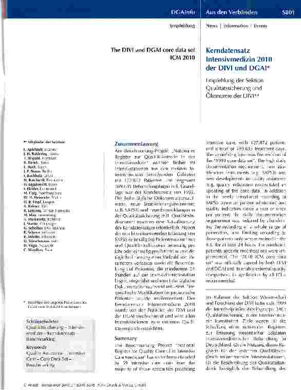Vorschauseite 1: Kerndatensatz Intensivmedizin 2010 der DIVI und DGAI