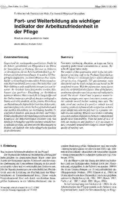 Vorschauseite 1: Fortund Weiterbildung als wichtiger Indikator der Arbeitszufriedenheit in der Pflege Resultate einer quantitativen Studie