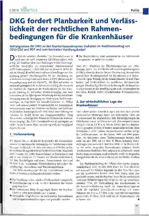 Vorschauseite 1: DKG fordert Planbarkeit und Verläss-lichkeit der rechtlichen Rahmenbedingungen für die Krankenhäuser