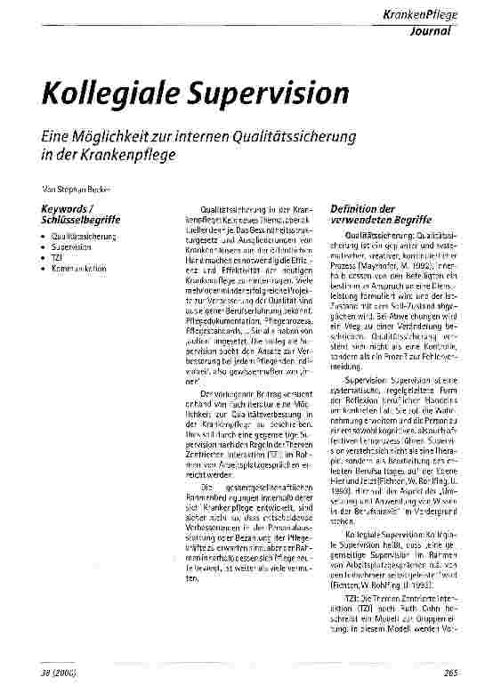 Vorschauseite 1: Kollegiale Supervision Eine Möglichkeit zur internen Qualitätssicherung in der Krankenpflege