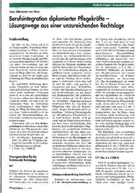 Vorschauseite 1: Berufsintegration diplomierter Pflegekräfte - Lösungswege aus einer unzureichenden Rechtslage