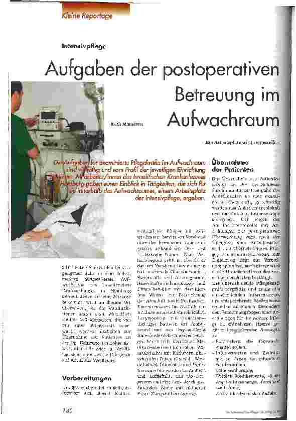 Vorschauseite 1: Aufgaben der postoperativen Betreuung im Aufwachraum Ein Arbeitsplatz wird vorgestellt